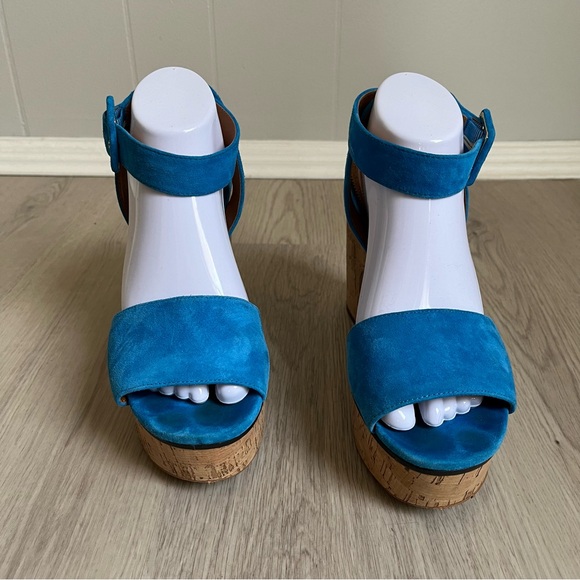 Anthropologie Franco Sarto Franny Platform Sandals‎ 9.5 Blue Cork Chunky Heels - Picture 6 of 11